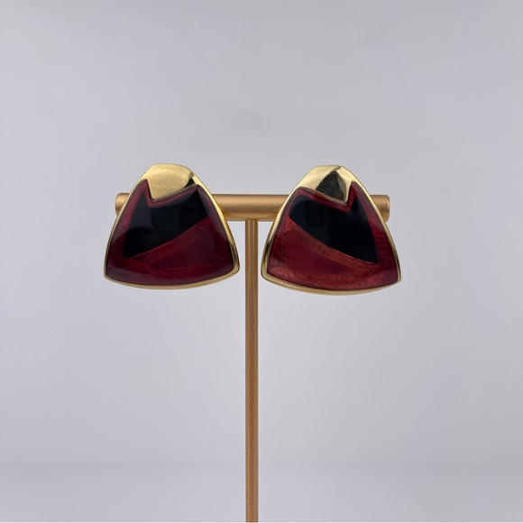 VTG 90s Abstract Gold Tone + Maroon Triangle Earrings - Picture 3 of 6